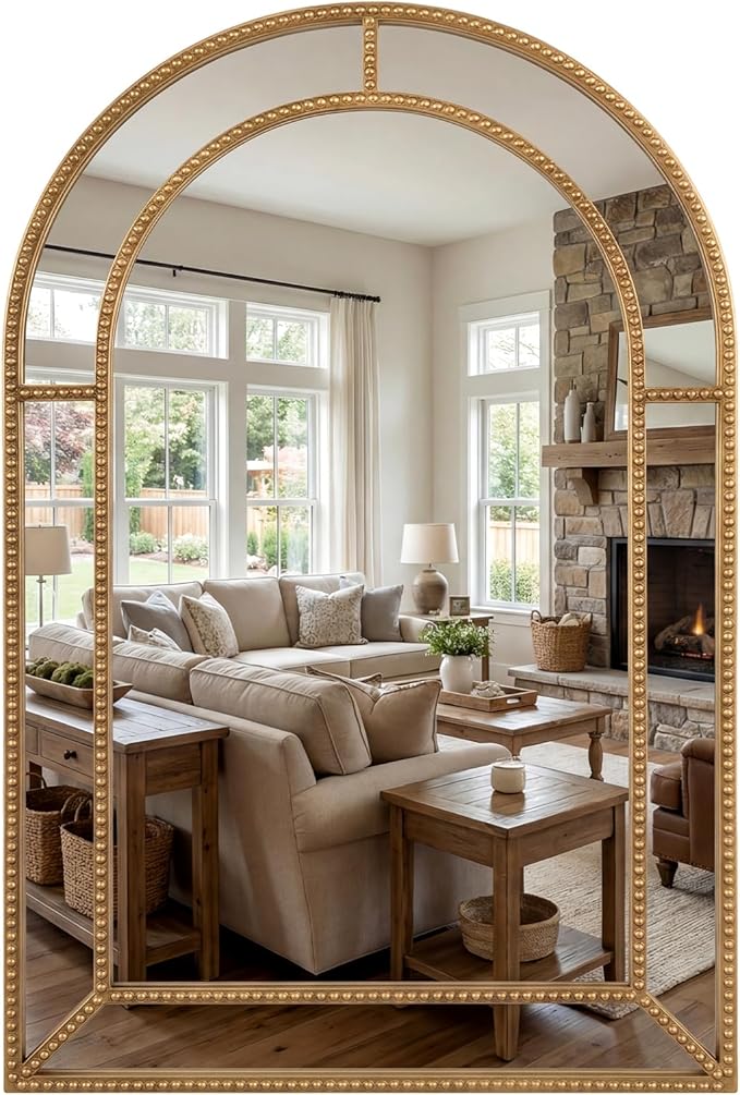 Tangkula 35" x 23" Gold Arched Wall Mirror, Decorative Mirror with Beaded Frame for Living Room, Entryway, Fireplace, Bedroom, Modern Vintage Wall Decoration (Arched)