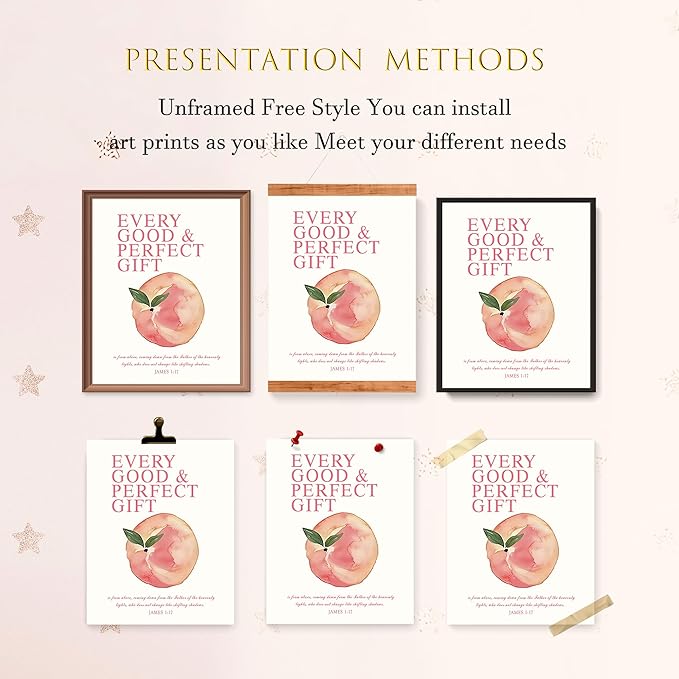 LARTSFRO Coquette Pink Peach Fruits Wall Art Decor Posters, Cute Pink Peach Christian Room Bathroom Bedroom Dorm Wall Art Decor Aesthetic for College Teen Girls Gifts, Inspirational Bible Verses Wall Decor, 10x8 Inch Set of 4 Pcs Fruits Pictures (UNFRA...