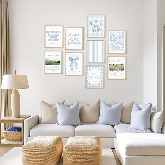 Light Blue Christian Wall Art Coquette Bible Verse Canvas Wall Decor Preppy Trendy Floral Poster Aesthetic Christian Bow Picture Religious Scripture Prints for Girls Dorm Bedroom 12x16x9 Inch Framed