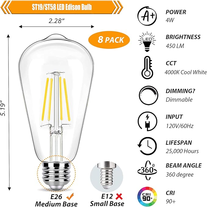 8 Pack Dimmable LED Edison Bulbs 40W Equivalent, ST19/ST58 4W Vintage LED Light Bulbs for Home Lighting, 90 CRI, 450LM, E26 Base, 4000K Cool White