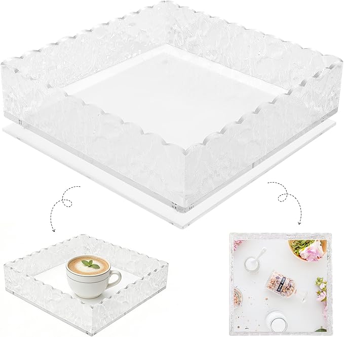 8"x8" Scalloped Acrylic Tray with Magnetic Mat - All-in-One Organizer for Jewelry, Makeup, Desk & Vanity, 2-in-1 as Tray & Photo Stand, for Women, Mom, Bride