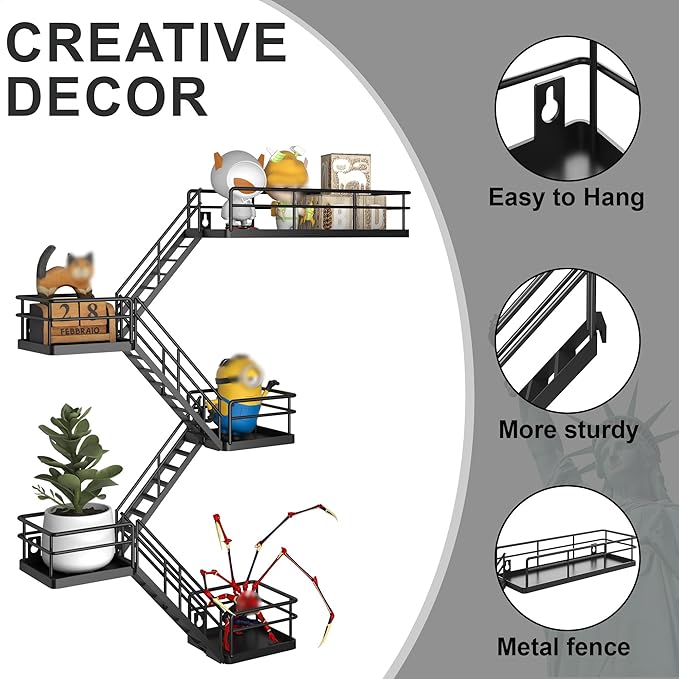 Fire Escape Shelf - 5 Tier Metal Black Fire Escape Wall Shelves with Baskets, New York Action Figurine Display Shelf, Unique Rustic Floating Decorative Wall Shelves for Any Room