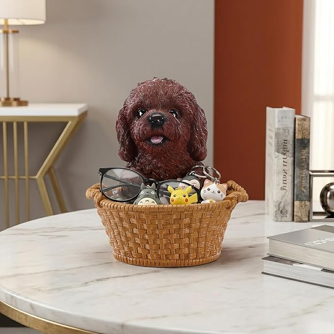 Dog Resin Storage Basket, Desktop Organizer for Remote & Keys, Cute Home Decor Tray, Ideal present for Pet Lovers.(Brown Poodle)