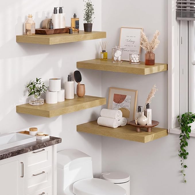 Heimlove 12" Deep Floating Shelves for Wall, 24 Inch Shelf Bathroom Shelves Set of 2, Mounted Shelves for Books Living Room Laundry Room Bedroom Kitchen Home Office, Oak