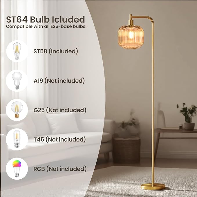 Mid Century Modern Floor Lamp, 67" Tall Standing Lamp with Transparent Amber Glass Shade, Vintage Gold Floor Lamp for Living Room Bedroom, Stable 6.2lbs Weighted Base, ST64 LED Bulb Included