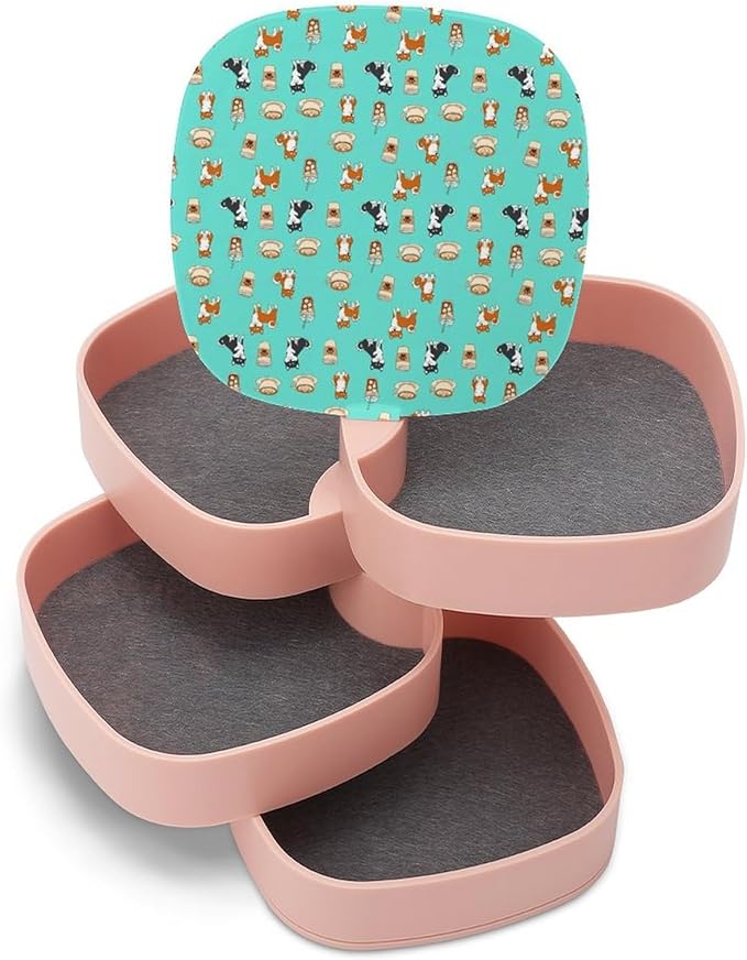 4-Layer Rotatable Jewelry Accessory Storage Tray Shiba Inu Coffee Print Dog And Coffees Travel Jewelry Case Earring Holder with Mirror