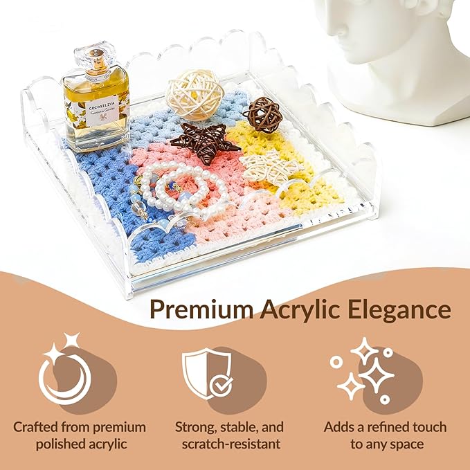 Acrylic Trays for Needlepoint 5" x 5", Scalloped Acrylic Tray with Drawer for Insert Needlepoint, Photos, Art, Fabric, Napkin, Messages Display Basket, Decorative Tray Gift for Home Office