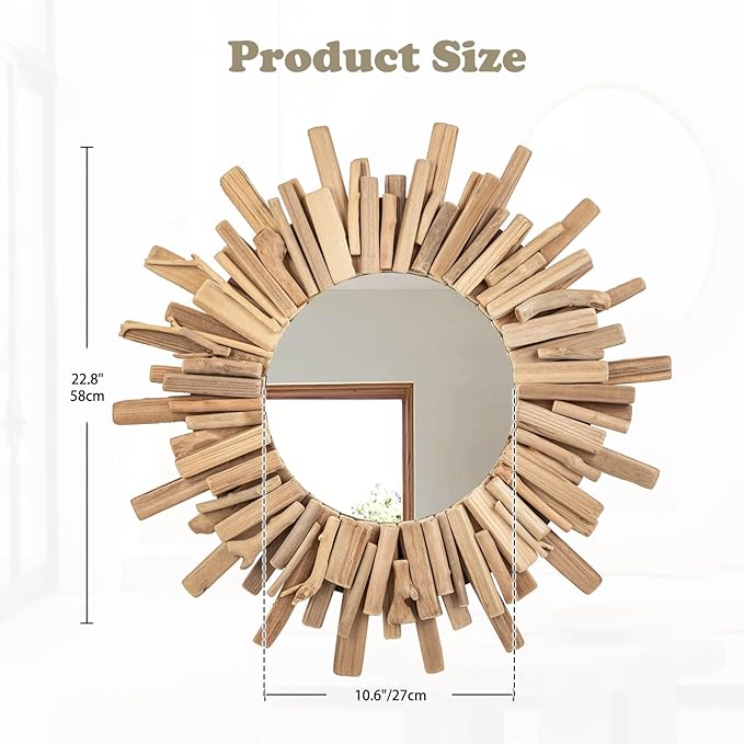 Rustic Driftwood Round Wall Mirror – Large Natural Wooden Frame Decorative Mirror for Farmhouse Coastal Boho Home Décor – 23" Sizes for Bathroom, Living Room, or Entryway