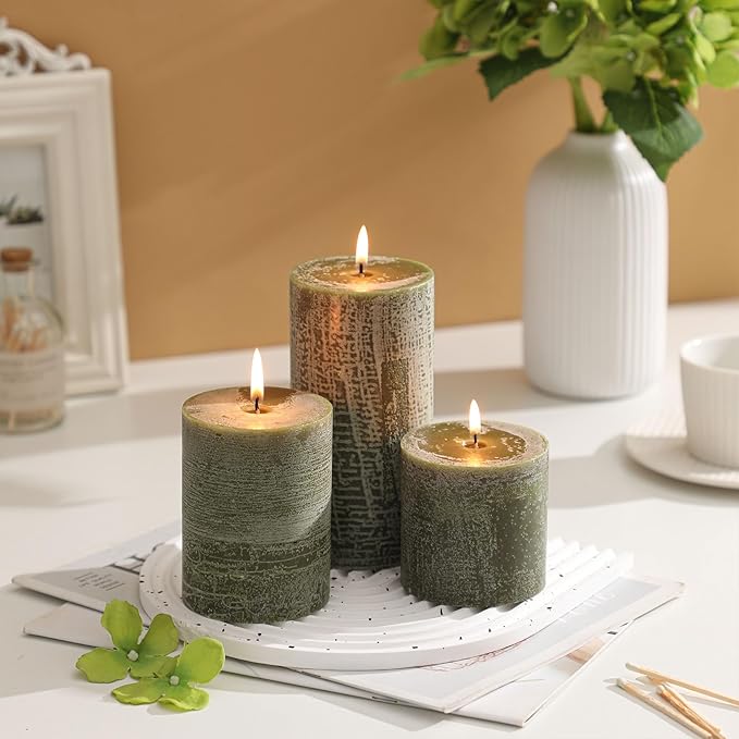 3x3 Inch Moss Green Pillar Candles - Set of 3, Long Clean Burning, Smokeless Dripless Candles for Spring Home Decor, Dinner Table, Bathroom, Rustic Decor