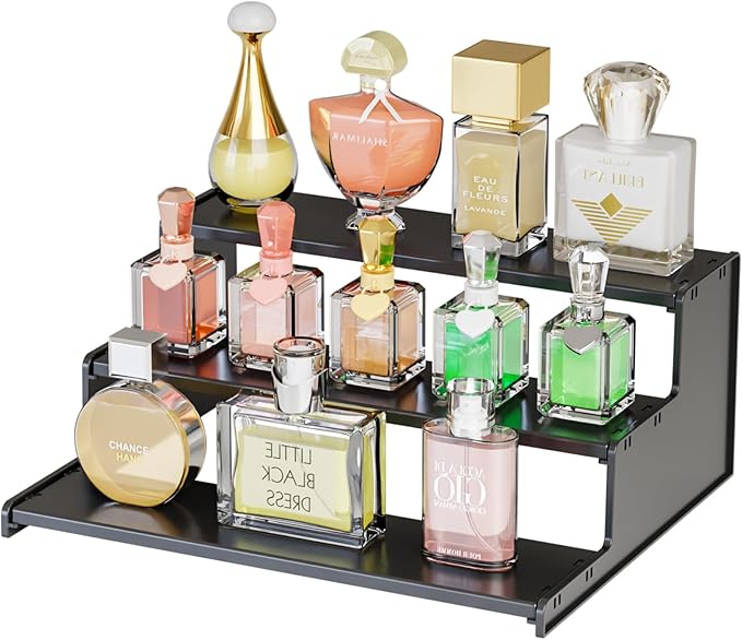 Yieach Cologne Stand for Men,3 Tier Black Perfume Tray for Cologne,Acrylic Display Risers for Collection,Fragrance,Cupcake,Figure Display Shelf,Perfume Stand Organizer,Product Fragrance Display Stand