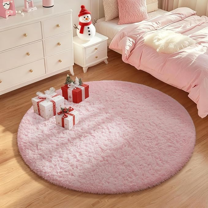 Ophanie Pink Round Rugs 5Ft Circle Area Rug, Cute Fluffy Fuzzy Girls Bedroom Carpet, Plush Soft Shaggy Indoor Floor Kawaii Living Room Rugs for Kids, Room Decor for Teen Home Decor Aesthetic, Nursery