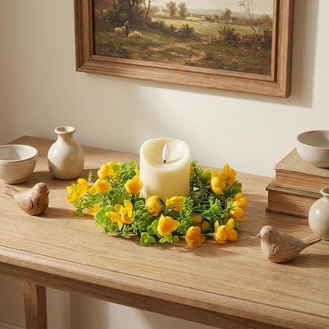 Daifunli 2 Pcs Spring Summer Faux Primrose Flowers Candle Rings Artificial Silk Yellow Flower Farmhouse Wreaths for Pillar 3.9 Inch Candles Holder for Spring Summer Rustic Table Centerpiece Decor