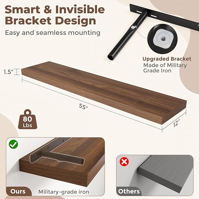 Fun Memories 55 Inch Fireplace Mantel Shelf, 12 Inch Deep Shelves for Display & Wall Storage, Rustic Wood Wall Shelf, Extra Long Floating Shelves for Bathroom Bedroom Living Room, Walnut, 2 Pack