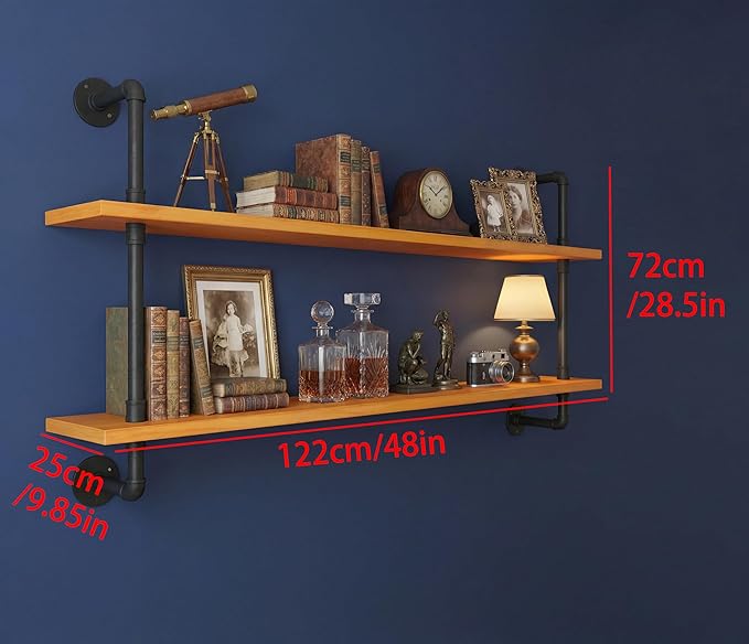 HDDFER Industrial Pipe Shelving Shelf Rustic Wood Wall Shelves Industrial Floating Shelves for Wall 48 Inch Farmhouse Bookshelf Pipe Shelves Living Room Kitchen