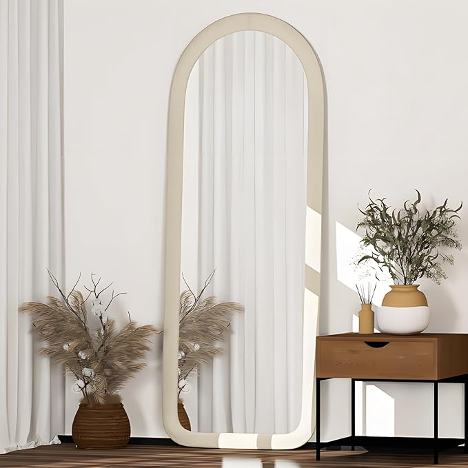 Full Length Mirror 56"x20" Arch Floor Mirror with Stand Arched Full Body Mirror Standing Hanging or Leaning Against Wall for Bedroom Flannel Wrapped Wooden Frame White