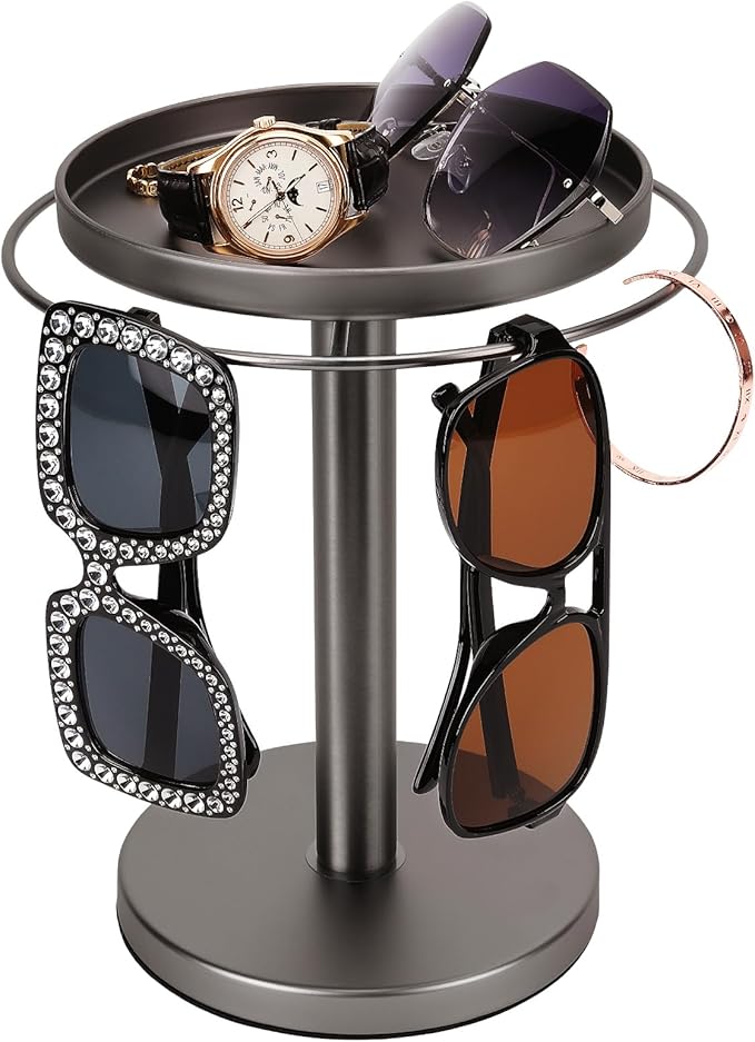 kondyfayo 360° Rotating Sunglass Organizer Storage, Stainless Steel Glasses Holder Stand, Glasses Organizer with Tray for Desk, Dresser, Tabletop, Nightstand and Home Decor(Titanium Black)
