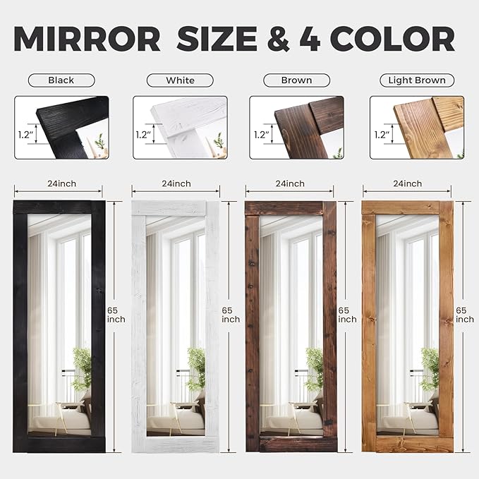Full Length Mirror 65"x24" – Solid Wood Frame, HD Tempered Glass, Wall Mounted & Leaning, Rustic Modern Decor for Bedroom, Living Room, Entryway, Brown