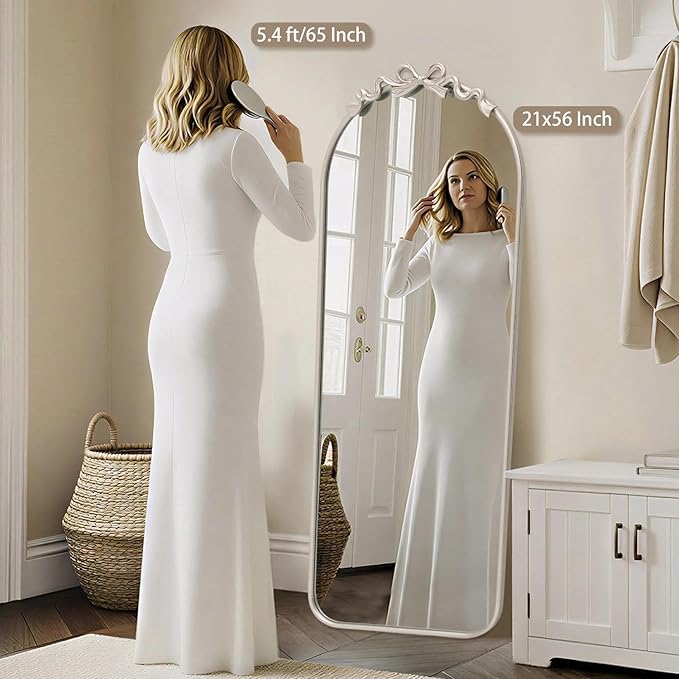 Besdomus Arched Mirror Full Length: 21"x56" Bow Champagne Silver Large Floor Standing Mirror - Antique Baroque Traditional Ornate for Entryway/Cloakroom/Bedroom - Home Decor for Fashion-Conscious