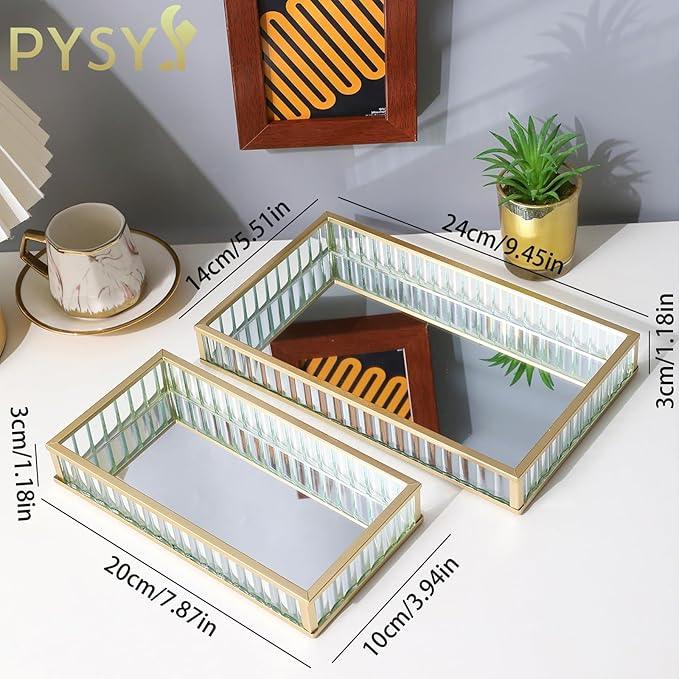 2pcs Mirror Storage Tray, Vertical Striped Glass Jewelry Storage Box, Perfume and Makeup Tray, Suitable for Dressing Tables, Bathrooms, and Bedrooms