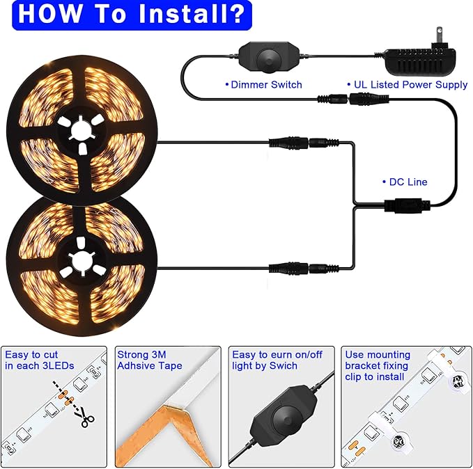 40ft Warm White Led Strip Lights, Flexible 3000k Dimmable Super Bright 12V led Light Strip in Indoor Cuttable for Bedroom, Christmas, Kitchen, Cabinet,Mirror, Not Waterproof, 2 Rolls of 20ft