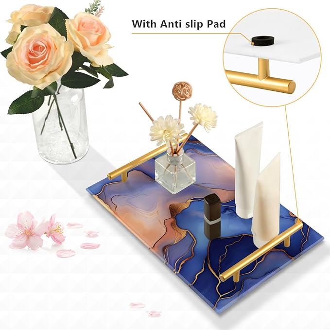 Marble Royal Blue Peach Decorative Rectangular Tray with Handles Trays for Coffee Table for Jewelry Perfume for Modern Serving bandeja para desayuno personalizado