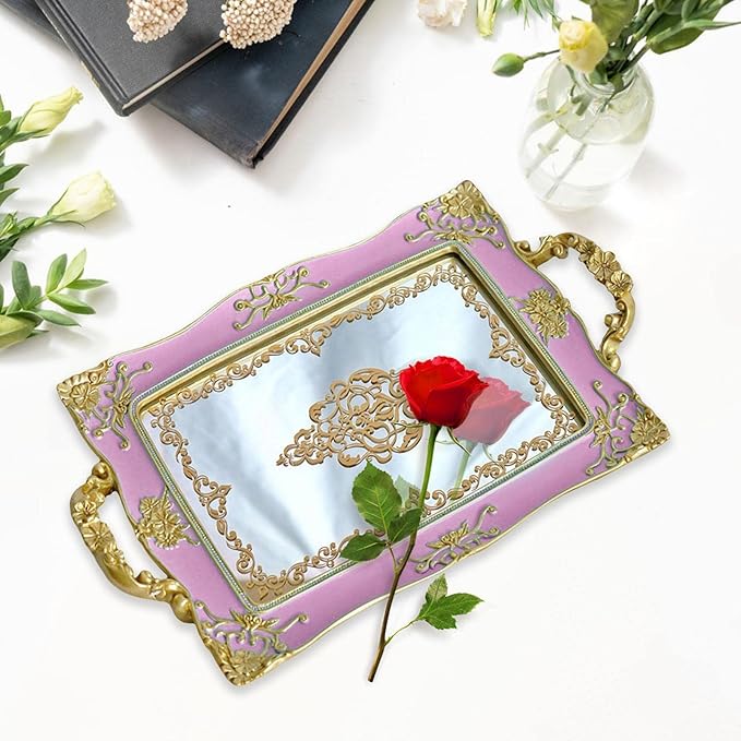 French Style Decorative Mirror Tray, Dresser Counter Coffee Table Jewelry Perfume Organizer for Makeup Jewelry (Purple)