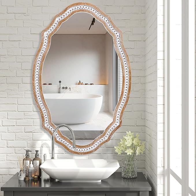 24x35 Inch Wooden Oval Mirror for Wall, Farmhouse Rustic Mirror Decorative for Bathroom Over Sink, Entryway, Living Room, Bedroom (Vertical/Horizontal)