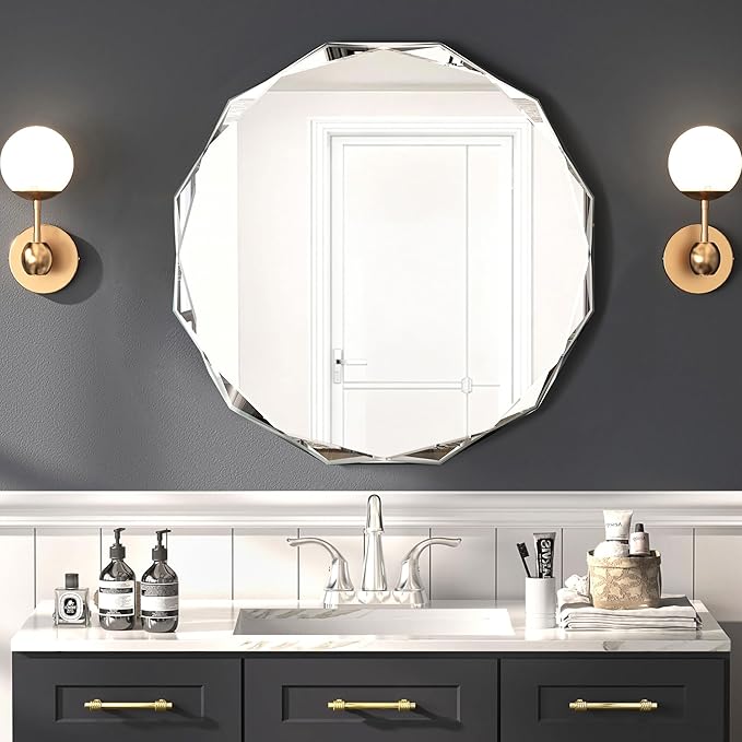 Bathroom Mirrors for Over Sink, Round Frameless Mirrors for Wall, 24x24 Inch Beveled Bathroom Mirror, Bathroom Vanity Circle Mirror for Bedroom Living Room Entryway Home Decor