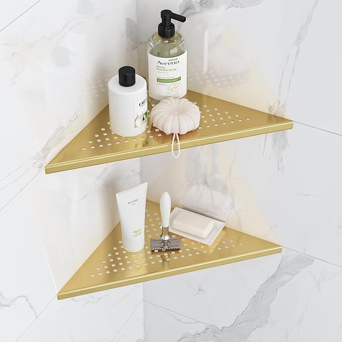 Neodrain 12 Inch Golden Corner Wall Shelf Set of 2, Floating Corner Shelves for Wall, 304 Stainless Steel Wall Storage Shelves for Bathroom,No Drilling