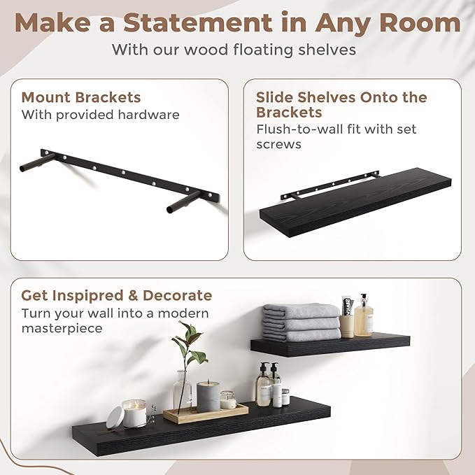 40 Inch Floating Shelves for Wall with Invisible Brackets Set of 2, 9"D Engineered Wood Wall Shelves with Wood Grain for Living Room, Bedroom, Bathroom, Kitchen Decor and Storage, Black Finish