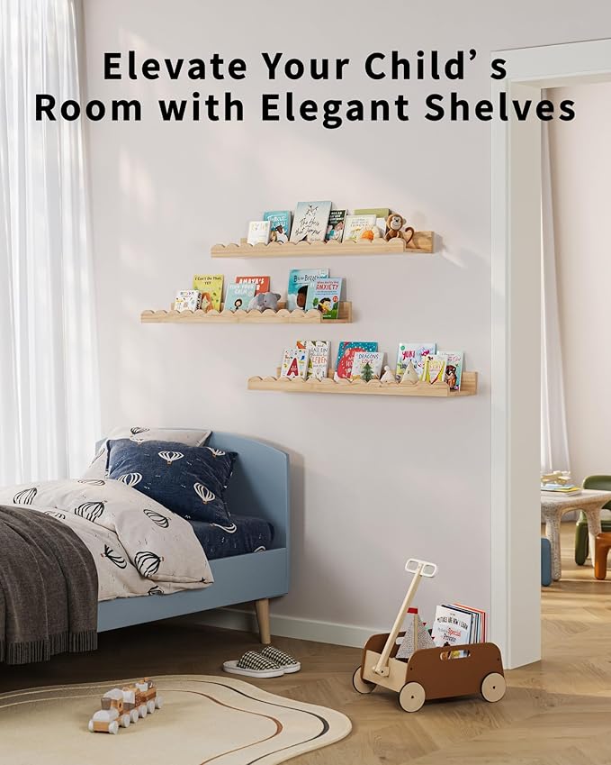 Nursery Book Shelves, Set of 3, Nursery Decor for Baby and Toddler, Scalloped Shelves, Book Shelf for Kids Rooms, Wall Book Shelf for Bedroom Kids, Floating Shelf for Wall (Wood, 23.5 Inches)