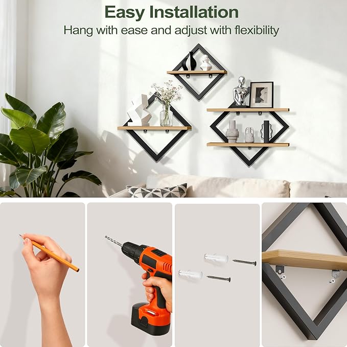 Floating Shelves Set of 3-2-Tier Hanging Wall Mounted Shelves, Decorative Storage Shelf for Living Room, Bedroom, Bathroom & Kitchen, Rustic Brown (3)