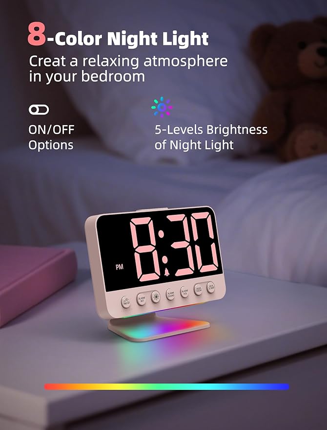 Odokee Digital Alarm Clocks for Bedrooms: Large Bold Number 5 Brightness Dimmer - Easy to Read Across The Room - 5 Alarm Sound 8 Night Light - Sakura Pink