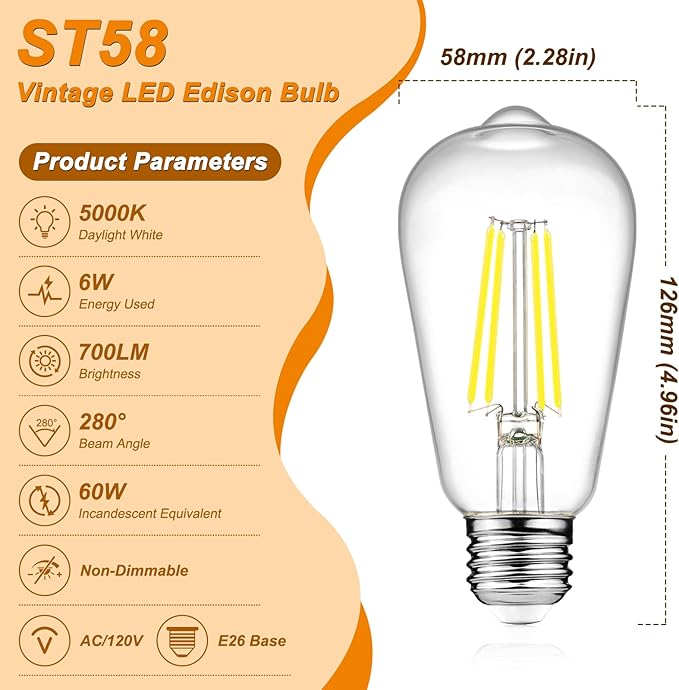 Ascher Vintage LED Edison Bulbs, 6W, Equivalent 60W, Non-Dimmable, Daylight 5000K, 700Lumens, ST58 Antique LED Filament Bulbs with 80+ CRI, E26 Medium Base, Clear Glass, Pack of 12