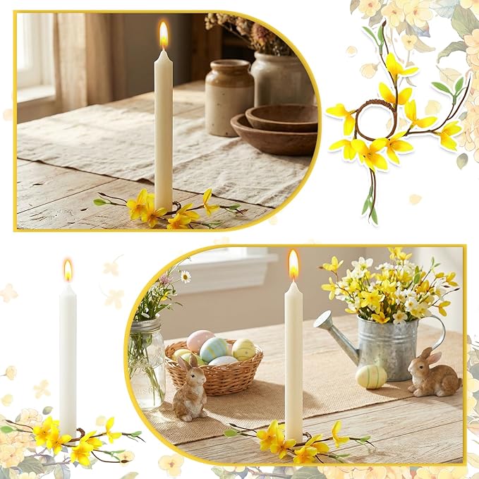 Daifunli 2 Pcs Spring Candle Rings Faux Forsythia Flower Candle Rings 1.25 Inch Artificial Silk Yellow Forsythia Flower Farmhouse Wreath Candles Holder for Spring Summer Rustic Table Centerpiece Decor