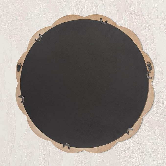 24 Inch Round Wall Mirror, Whitewashed Wooden Frame with Scalloped Edge & Beaded Trim, Decorative Farmhouse Boho Mirror for Bedroom, Bathroom, Living Room, Entryway