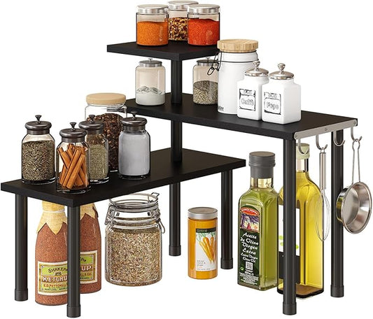 GHWIE Corner Shelf Organizer, 3 Tier Bamboo Kitchen Countertop Rack for Living Room, Office, Bookshelf Display Shelves, Space Saving Storage Shelves,Black