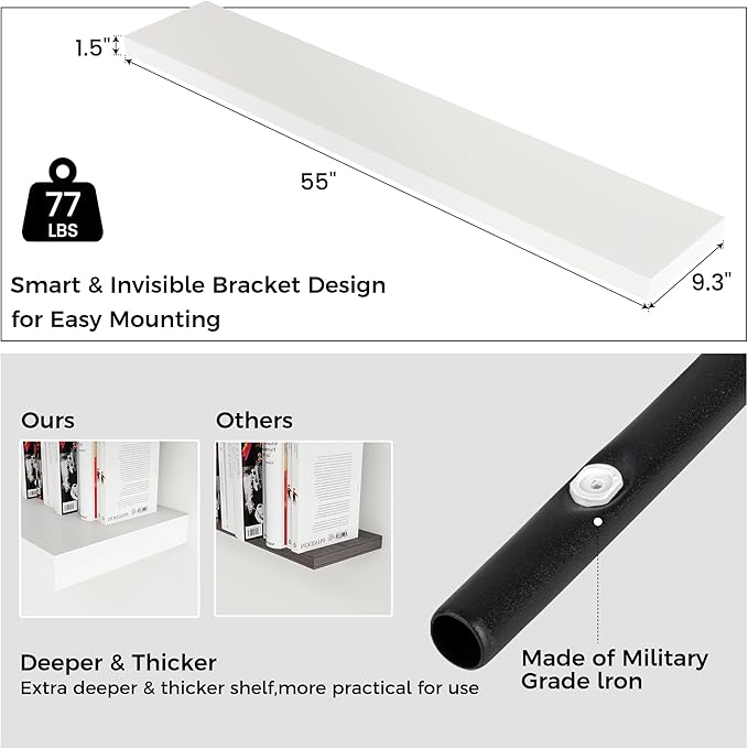Venusmiles Floating Shelves for Wall, Engineered Wood Wall Shelves with Invisible Brackets for Living Room Bedroom Bathroom Office Kitchen Decor and Storage (White, 55" W x 9" D x 1.5" H) Set of 1