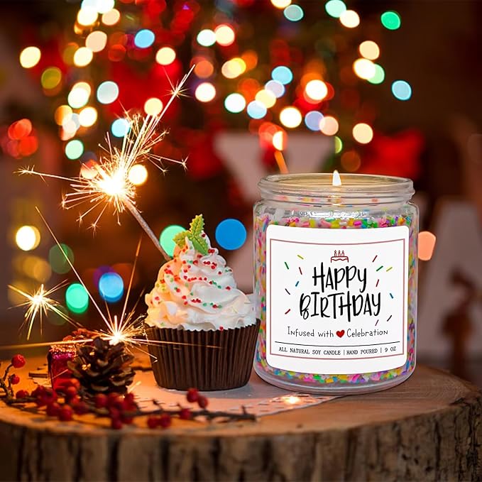 Homsolver Happy Birthday Gifts for Women Men, Vanilla Cream Scent with Sprinkles Candy Birthday Candles, Unique Best Friend Idea Gifts, Handmade Candle Decor