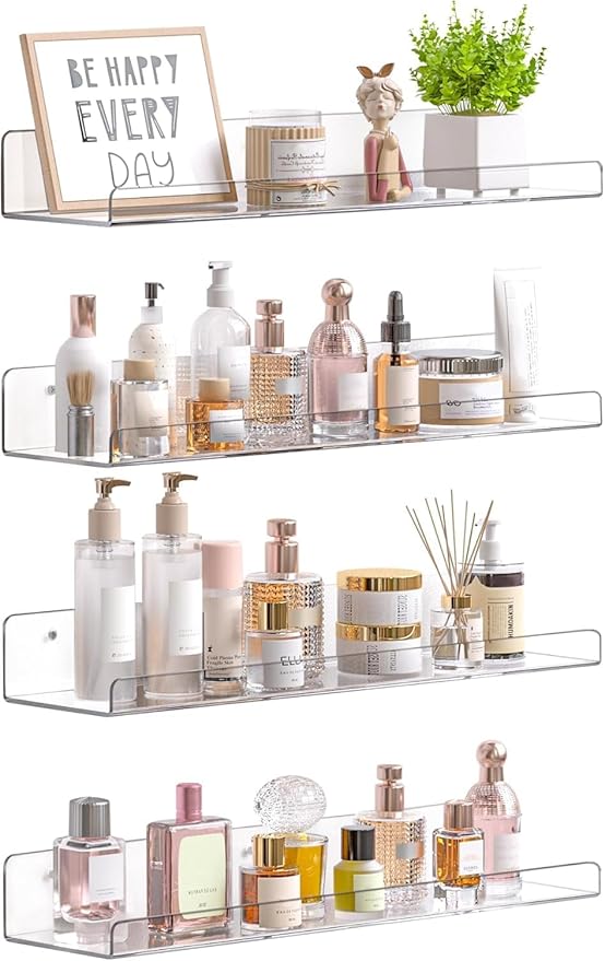 Acrylic Shelves for Bathroom Storage, 15" Floating Shelves Wall Organizer for Perfume, Make up, Skincare, Kids Bookshelf for Bedroom, Nursery, Living Room Decor, Clear 4 Pack