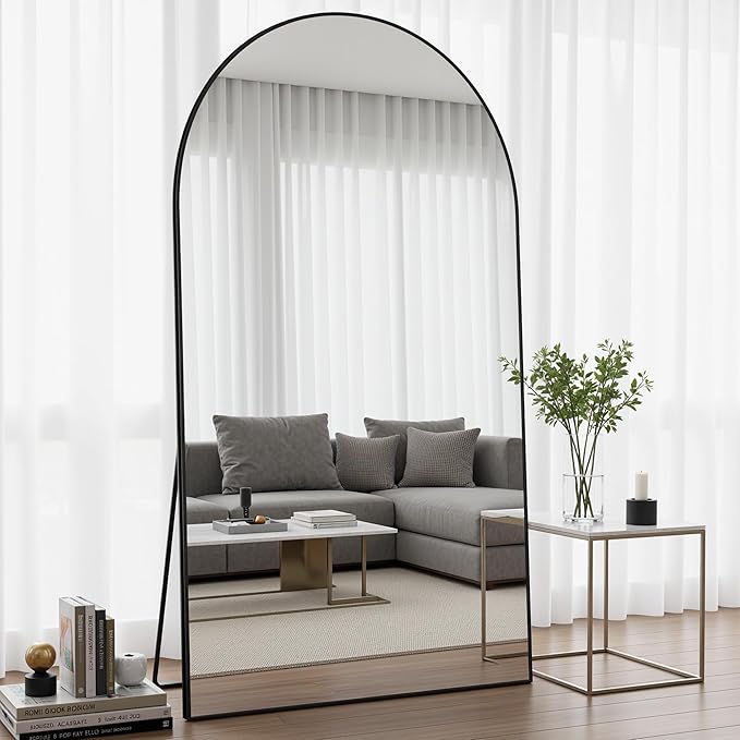 Full Length Mirror, 82"x44" Arched Floor Mirror Freestanding, Floor Standing Full Body Mirror with Stand for Bedroom, Hanging Mounted for Living Room Cloakroom, Black