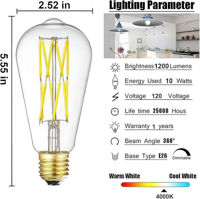 Leools Dimmable Edison LED Bulb 10W,Equivalent 100Watt, Antique Style ST64 LED Filament Bulbs,Neutral White 4000K, 1200LM, E26 Base Lamp for Restaurant,Home,Reading Room, 4 Pack.