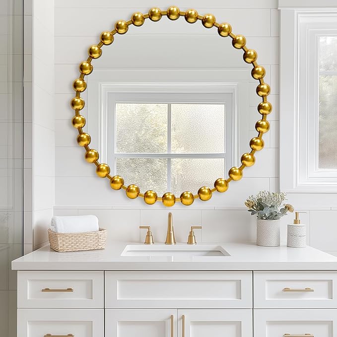 Round Gold Mirror 28'', Spherical Frame Round Mirror for Living Room, Beaded Mirror for Bathroom, Dining Roon, Bed Room, Entryway