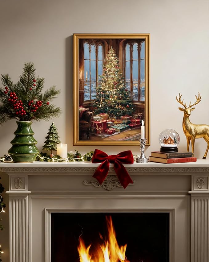 InSimSea Gold Framed Wall Art, Vintage Canvas Prints Decor, Christmas Pine Tree Paintings Large Wall Decor, Rustic Pictures for Winter Xmas Bedroom Holiday Decoration Gifts, 16x24inch