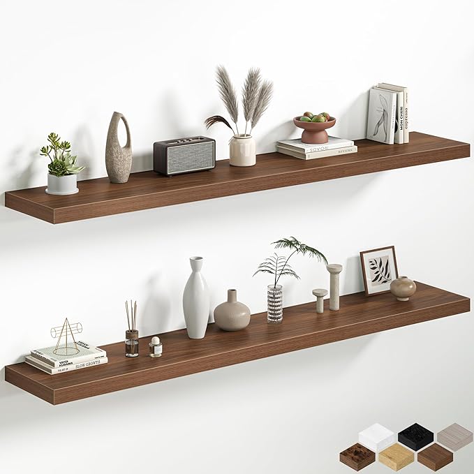 Fun Memories 66 Inch Floating Shelves, 12 Inch Deep Wall Shelf for Fireplace Mantel, Walnut Deep Storage Shelves for Home & Office, Long Floating Shelf with Invisible Bracket, Set of 2