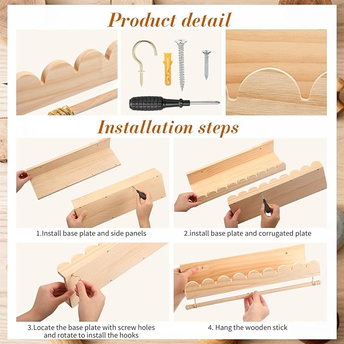 Qunclay 2 Pcs Nursery Floating Shelves Headband and Bow Holder with Rod Wall Mounted Wood Shelves Nursery Decor for Wall Home Organization Kitchen Living Room Bathroom Storage Decor