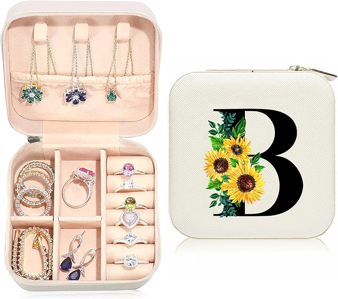 Sunflower Jewelry Case,Sunflower Gifts for Women,Initial B Travel Jewelry Box,Valentine's Day Gift Easter Personalized Gifts for Teen,Mom,Wife,Bridesmaids,21st Birthday Gift for Her