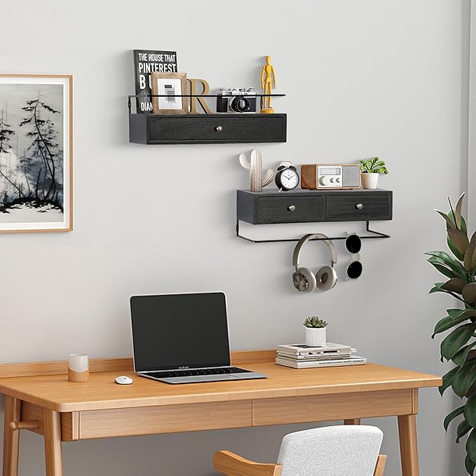 dreampossible 2-Pack Rustic Floating Shelves with Drawer, Black, 15.8 Inch Long, Wall-Mounted, Bathroom, Kitchen, Living Room Storage