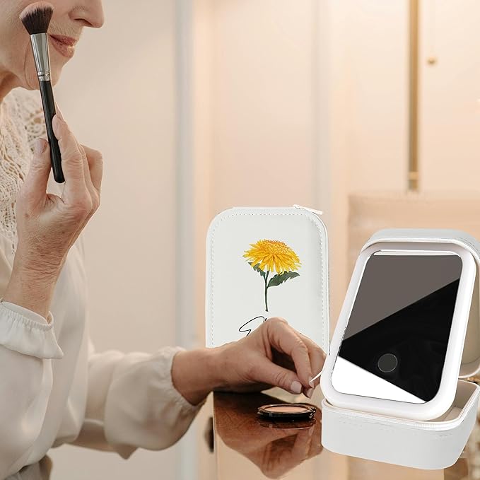 Personalized Birth Flower Travel Jewelry Box with Mirror Custom Name Travel Makeup Case with Led Mirror Small Travel Jewelry Case Organizer with Light Up Mirror for Women Mom