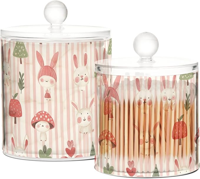 Childish Bunny Blush Color Stripe Clear Plastic Makeup Organizer Storage with lid Pantry Essentials Decorative small storage bins for Cotton Swabs,Cotton Pads,Floss Picks,Paper Clips,Hair